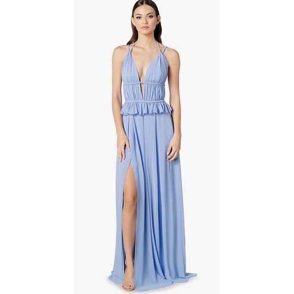 DRESS THE POPULATION ATHENA BRAIDED CUTOUT PERIWINKLE BLUE HALTER  MAXI DRESS S - Picture 1 of 3